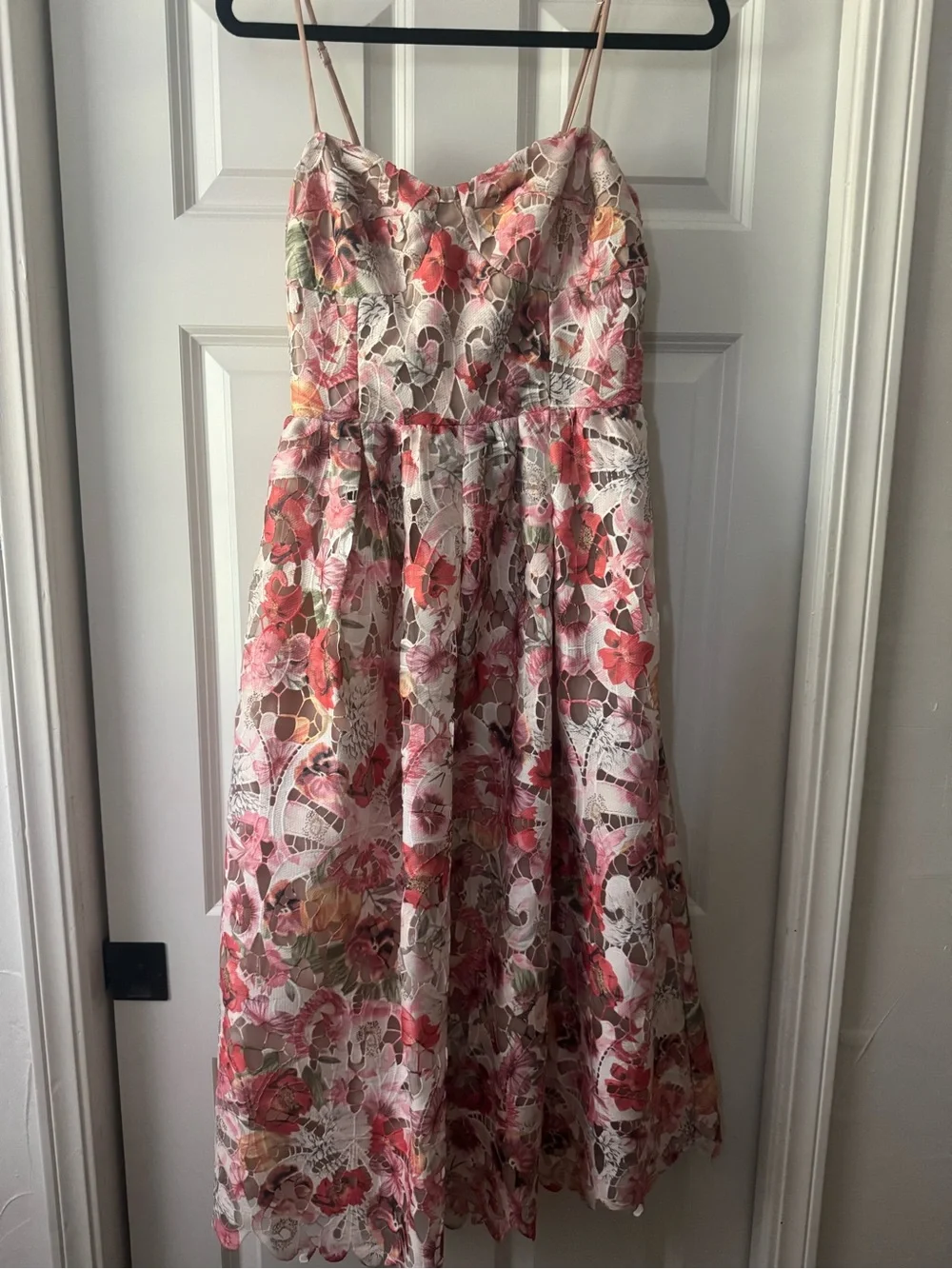 Floral Lace Midi Dress with Spaghetti Straps - Pink Multi